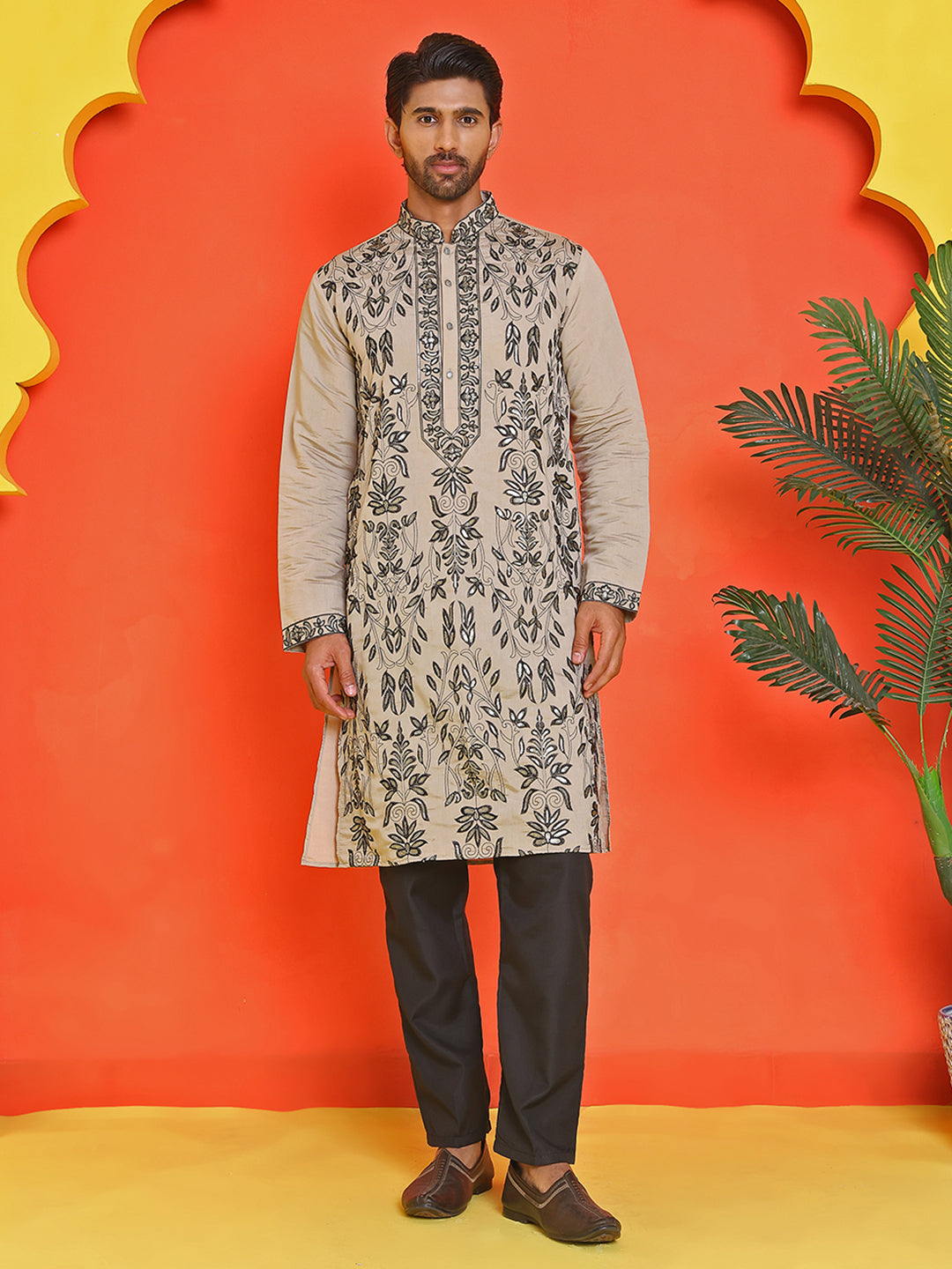 Embroidered & Sequins Kurta Set For Men ( JOKP B-P 5226 Beige )