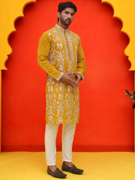 Embroidered & Sequins Kurta Set For Men ( JOKP P 5226 Mustard )