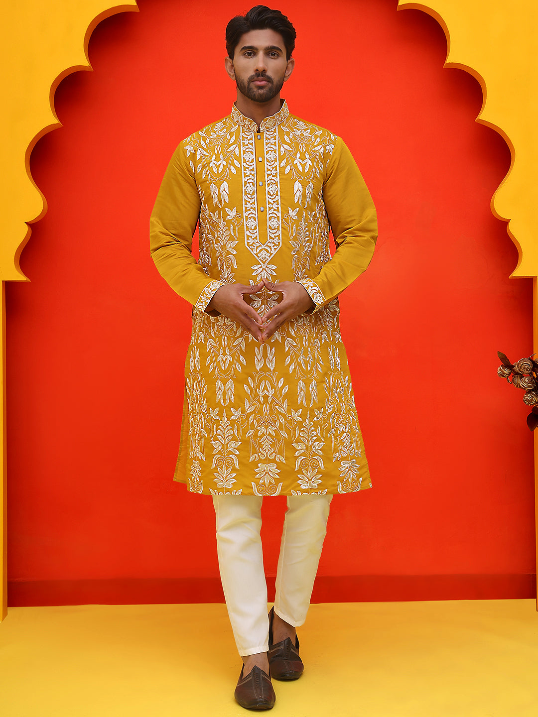 Embroidered & Sequins Kurta Set For Men ( JOKP P 5226 Mustard )