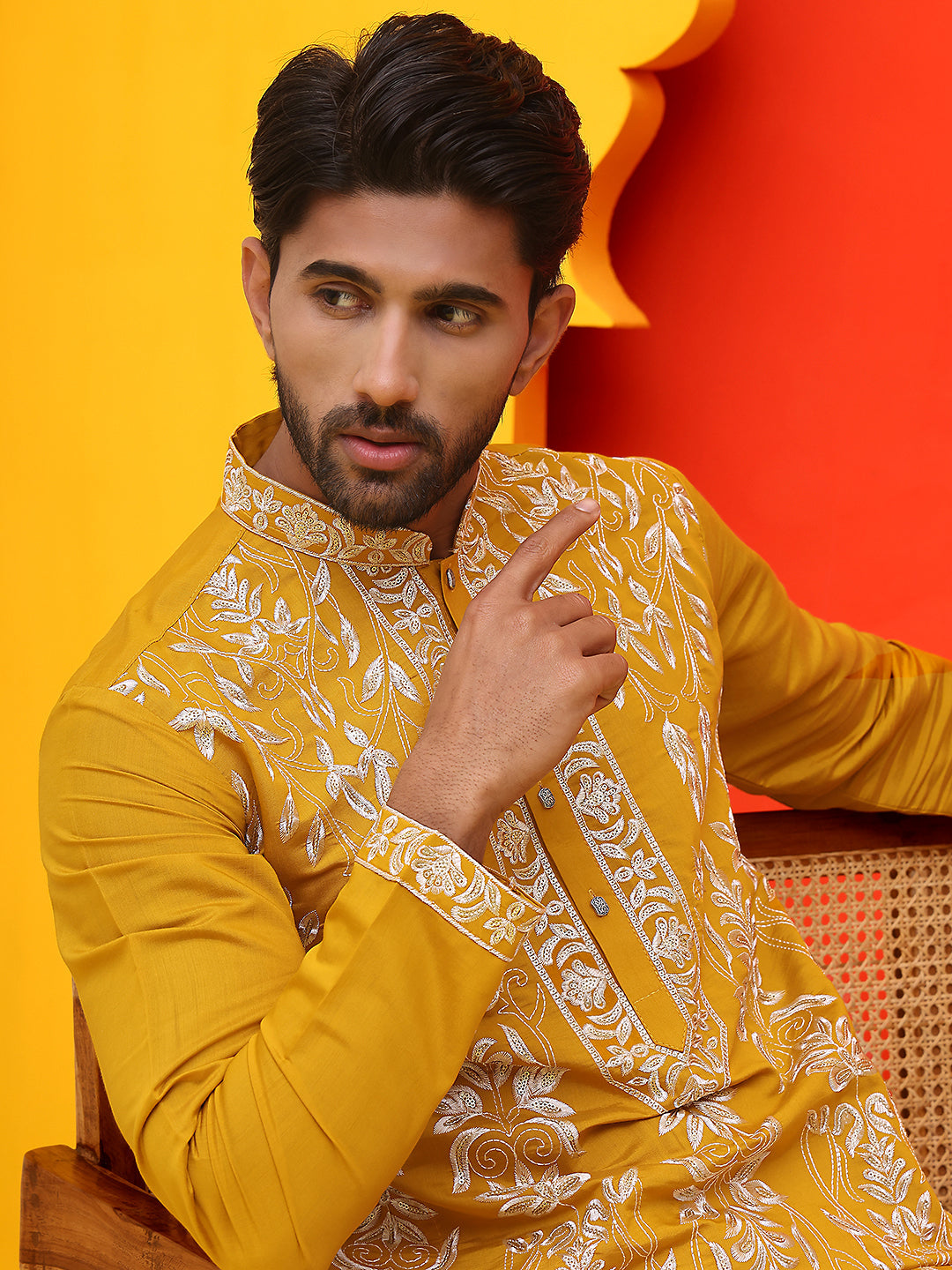 Embroidered & Sequins Kurta Set For Men ( JOKP P 5226 Mustard )