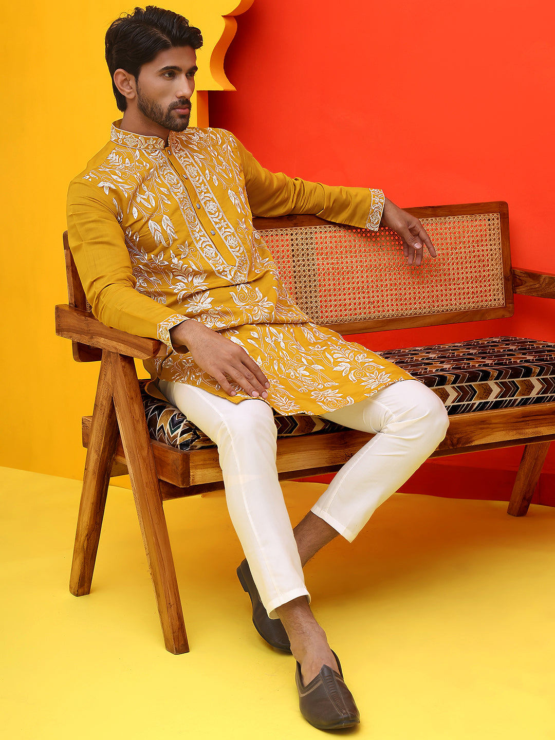 Embroidered & Sequins Kurta Set For Men ( JOKP P 5226 Mustard )