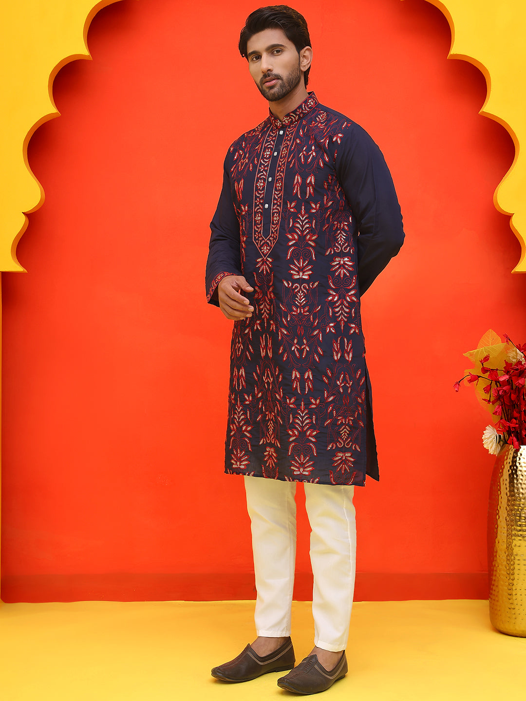 Embroidered & Sequins Kurta Set For Men ( JOKP P 5226 Navy )