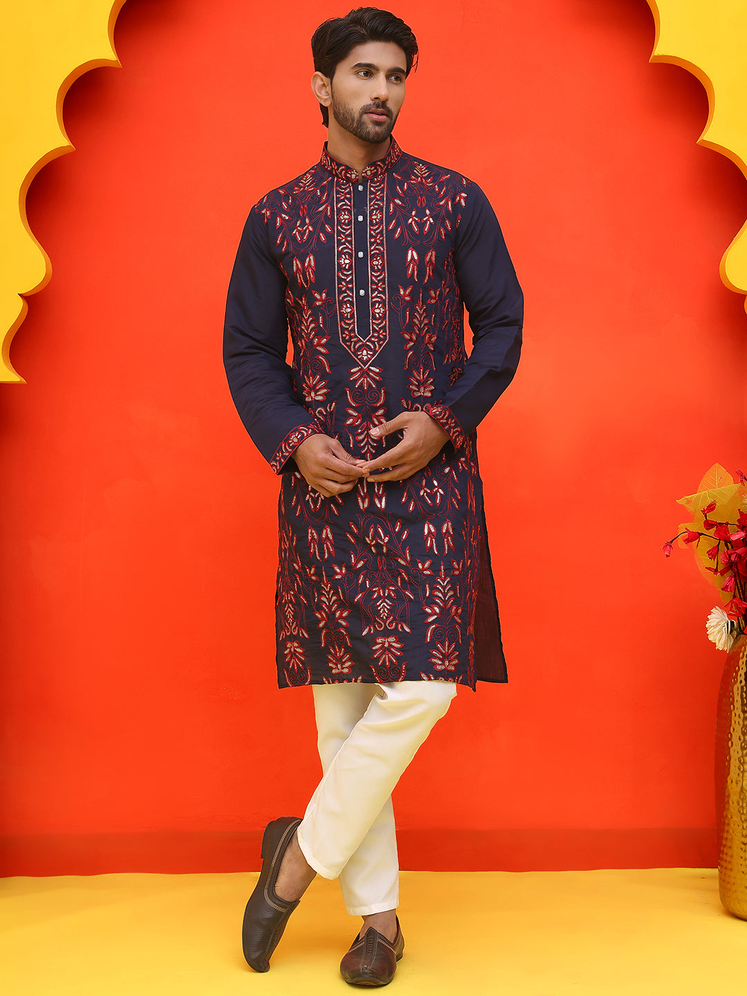 Embroidered & Sequins Kurta Set For Men ( JOKP P 5226 Navy )