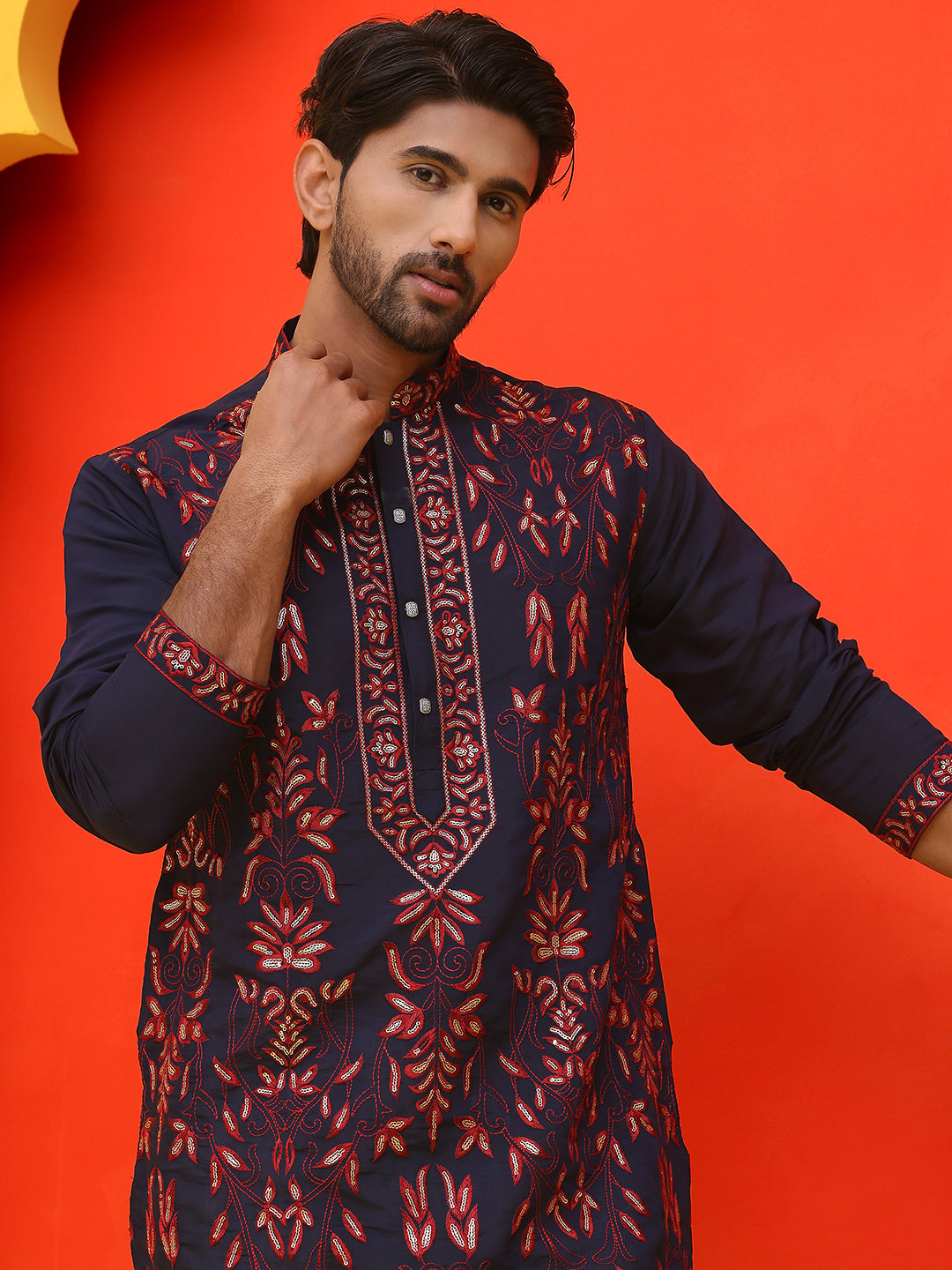 Embroidered & Sequins Kurta Set For Men ( JOKP P 5226 Navy )
