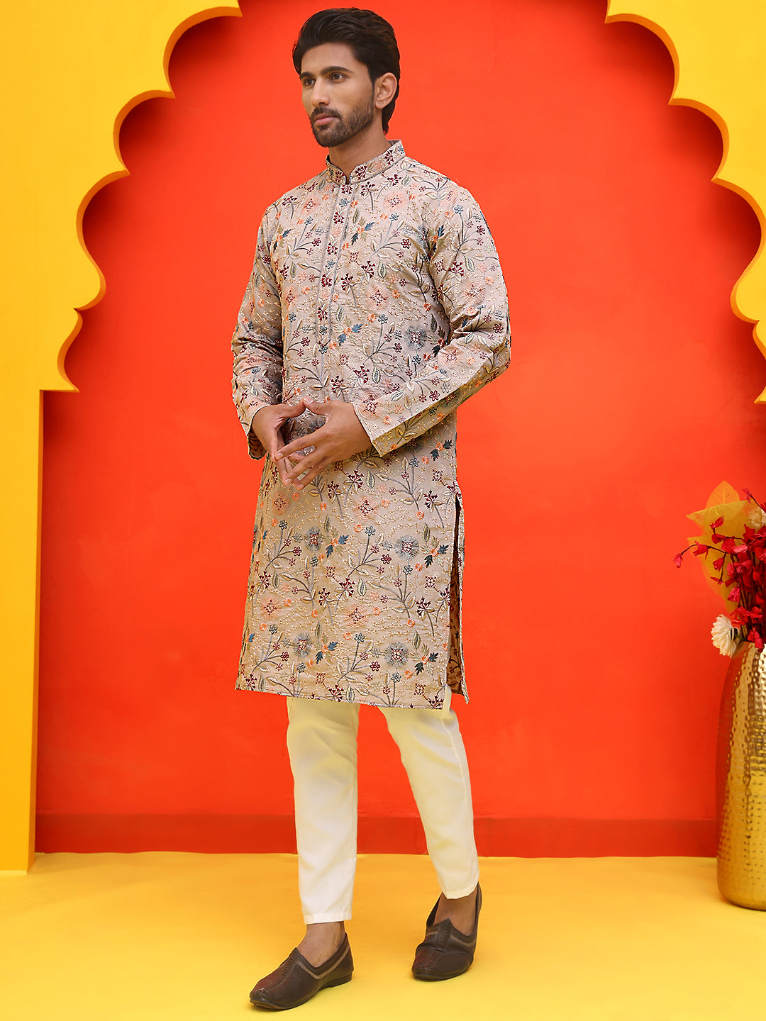 Embroidered Kurta Set For Men ( JOKP P 5227 Cream )