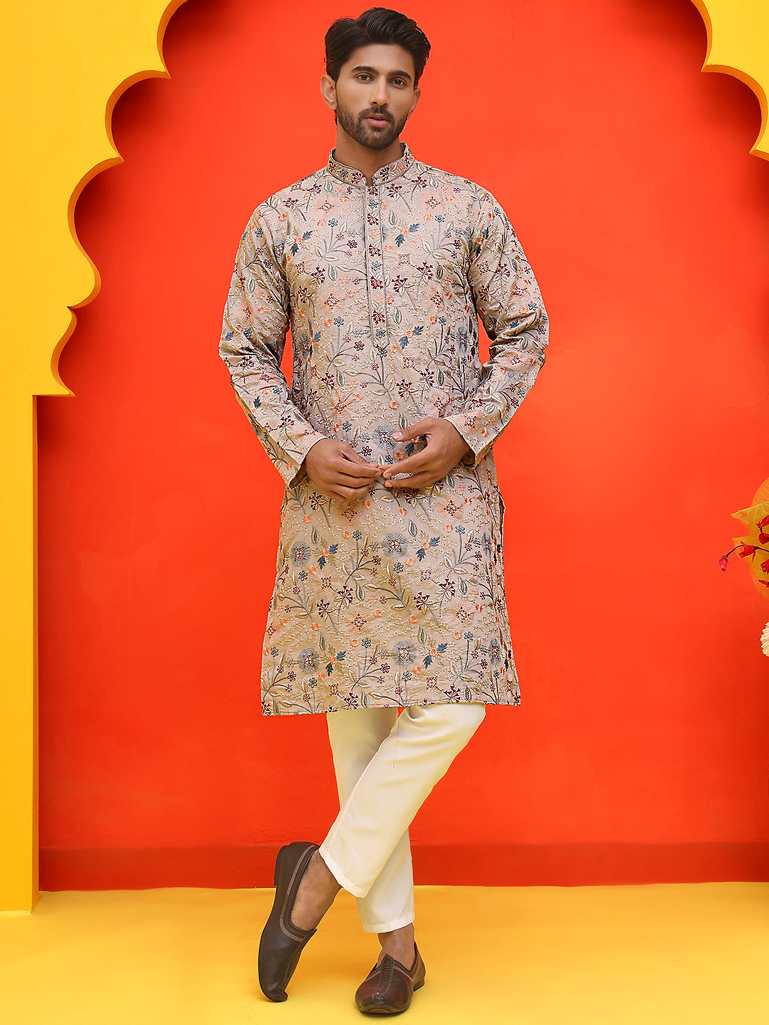 Embroidered Kurta Set For Men ( JOKP P 5227 Cream )