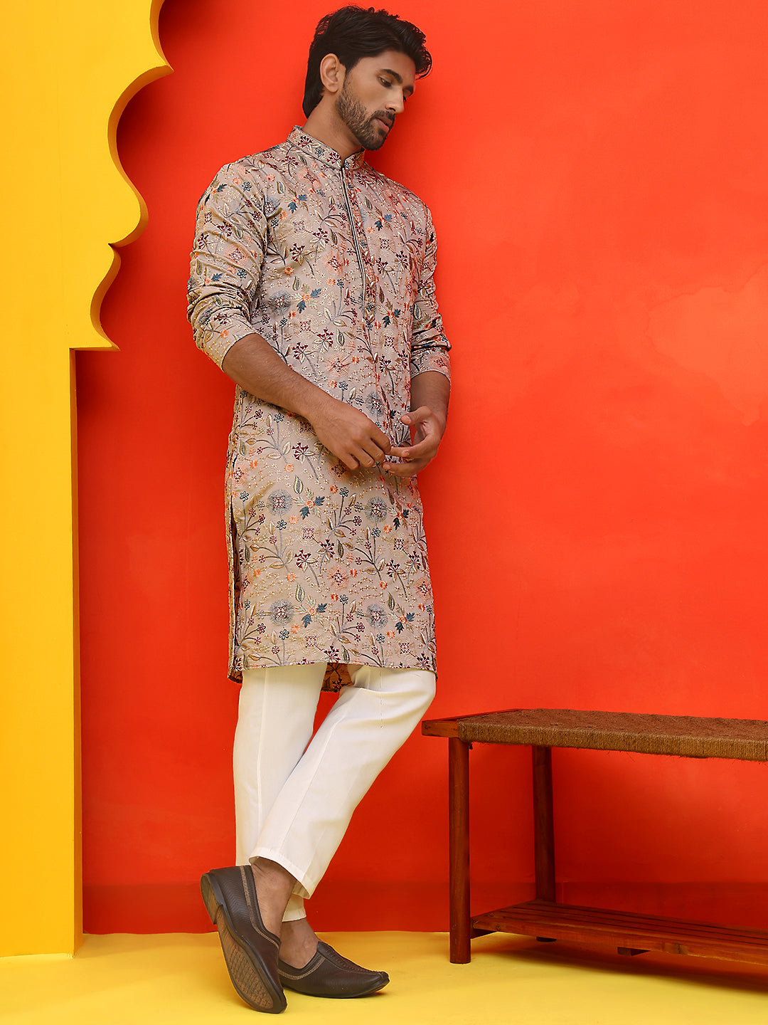 Embroidered Kurta Set For Men ( JOKP P 5227 Cream )