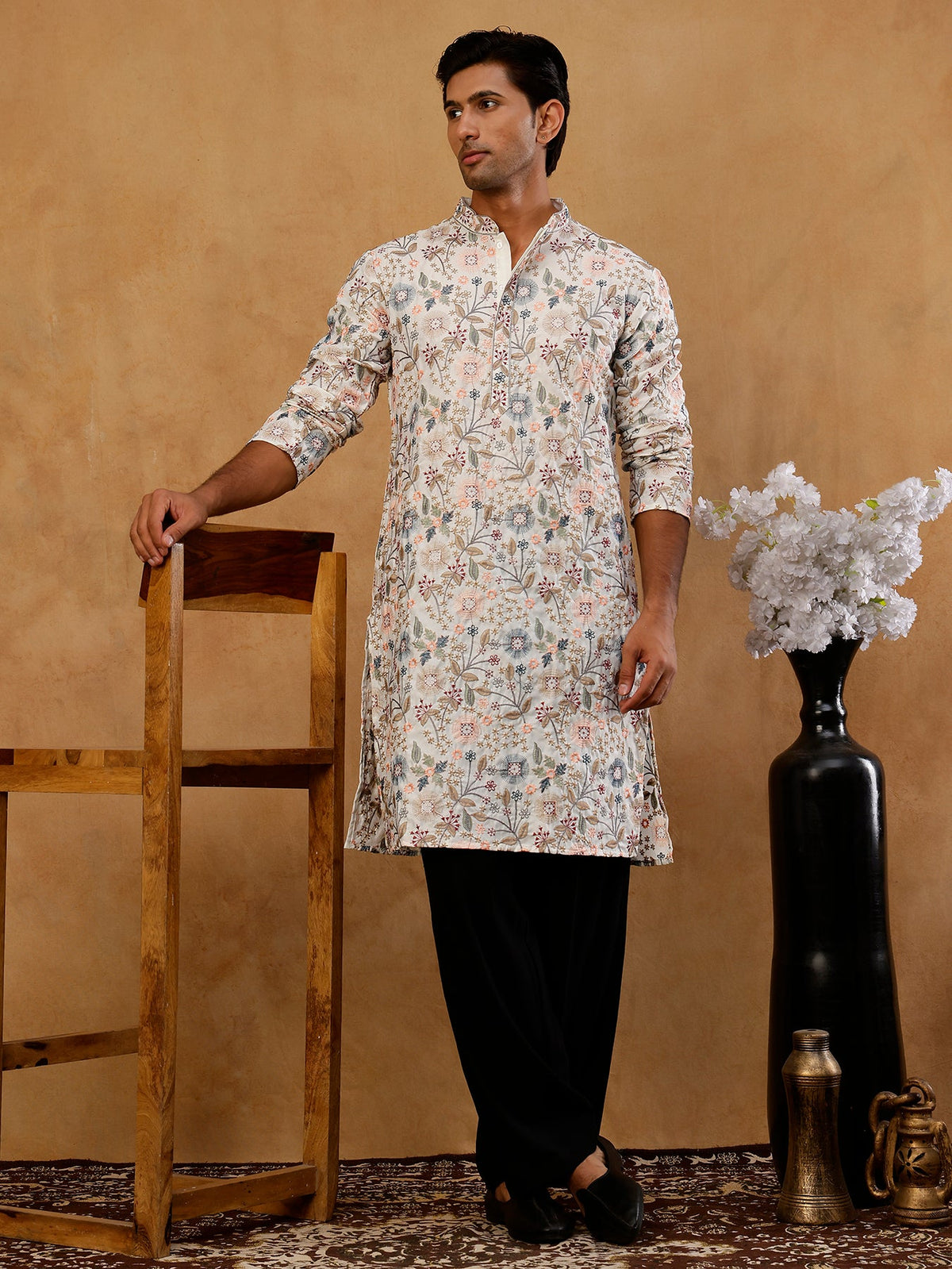 Silk Blend Floral Embroidered Kurta With Korean Pants ( JOKP PJ11B B 5227 White )