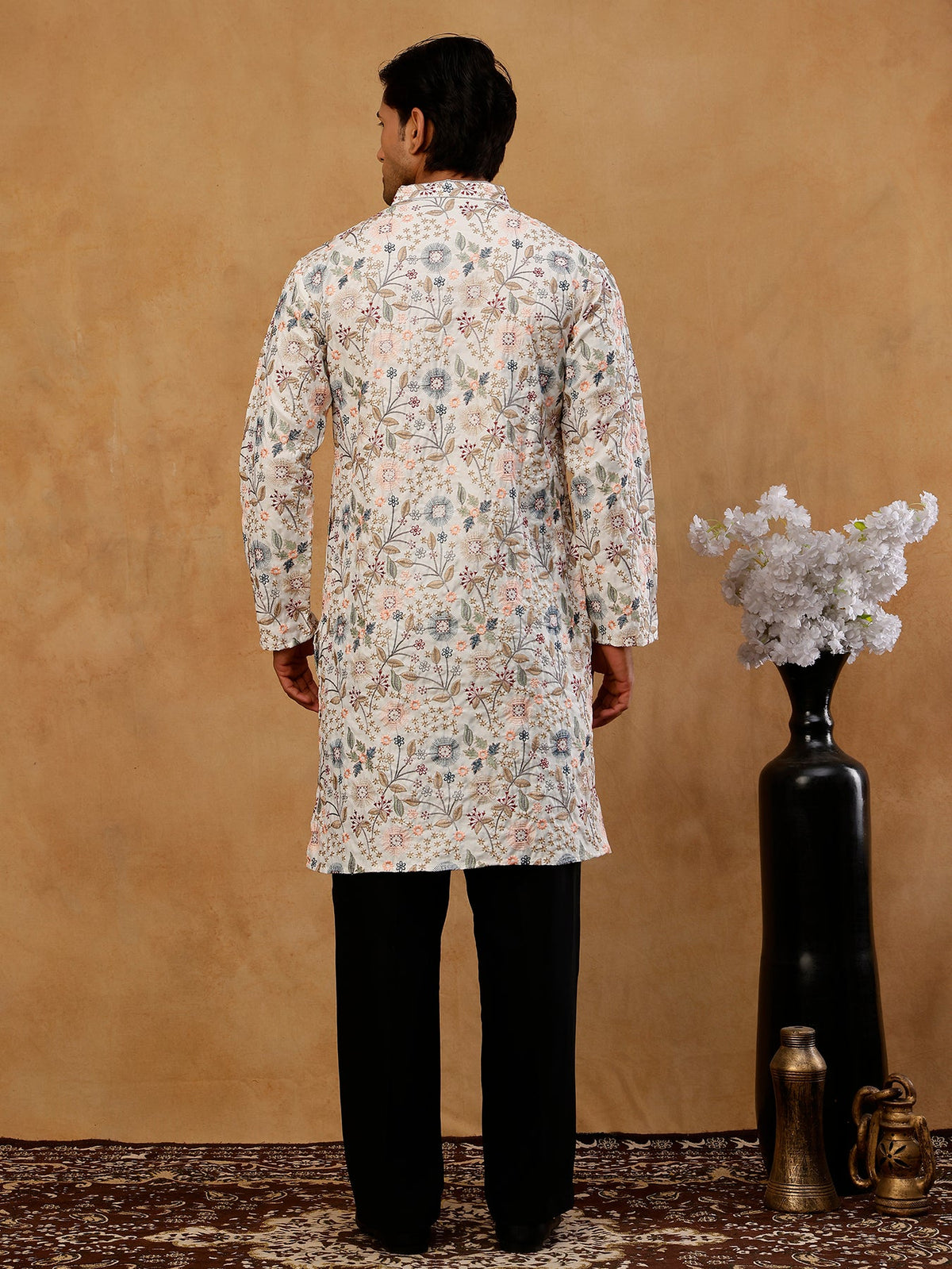Silk Blend Floral Embroidered Kurta With Korean Pants ( JOKP PJ11B B 5227 White )