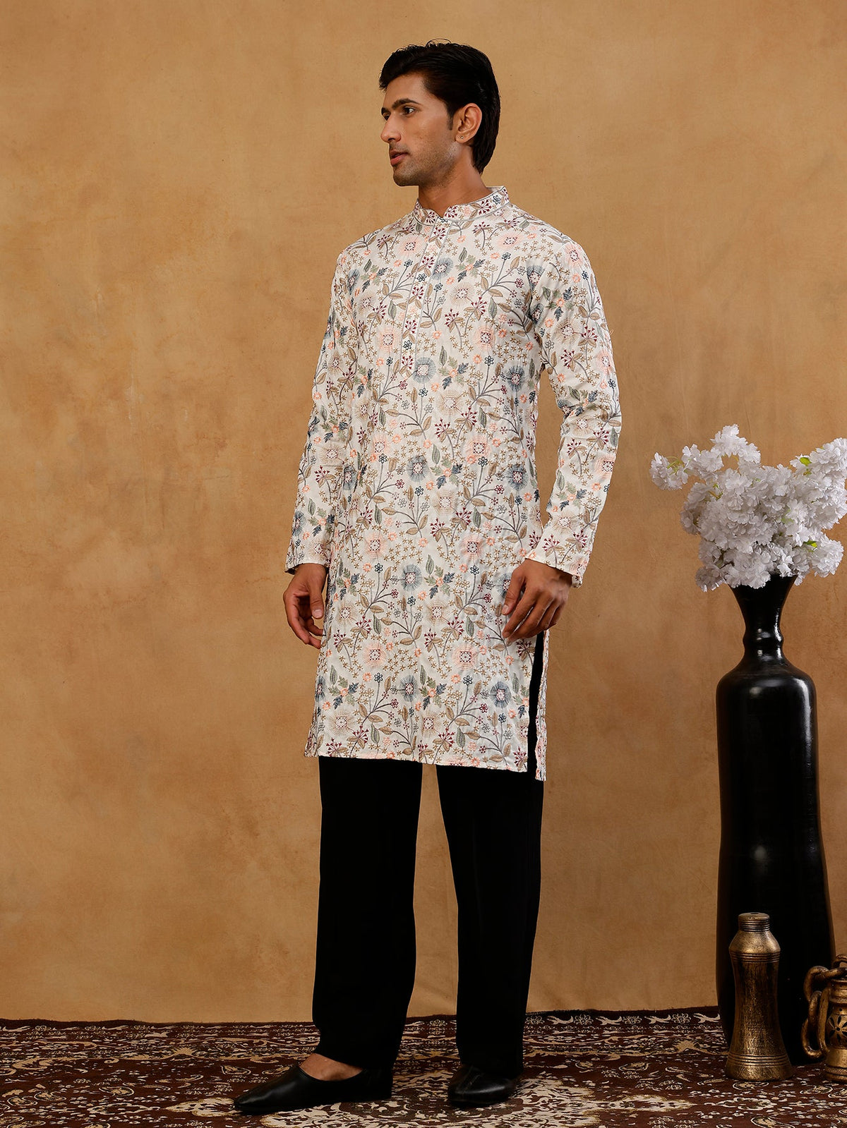 Silk Blend Floral Embroidered Kurta With Korean Pants ( JOKP PJ11B B 5227 White )