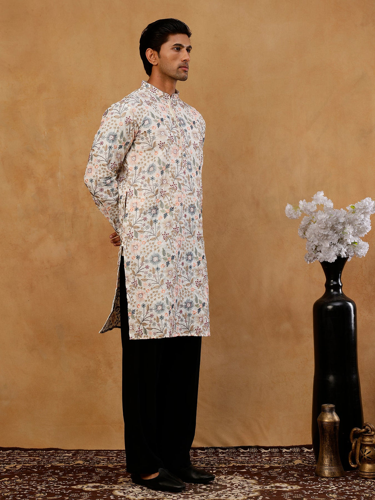 Silk Blend Floral Embroidered Kurta With Korean Pants ( JOKP PJ11B B 5227 White )