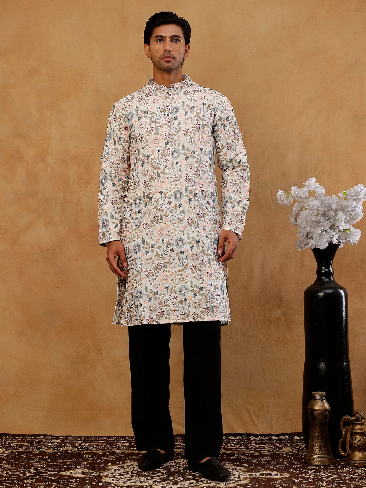 Silk Blend Floral Embroidered Kurta With Korean Pants ( JOKP PJ11B B 5227 White )