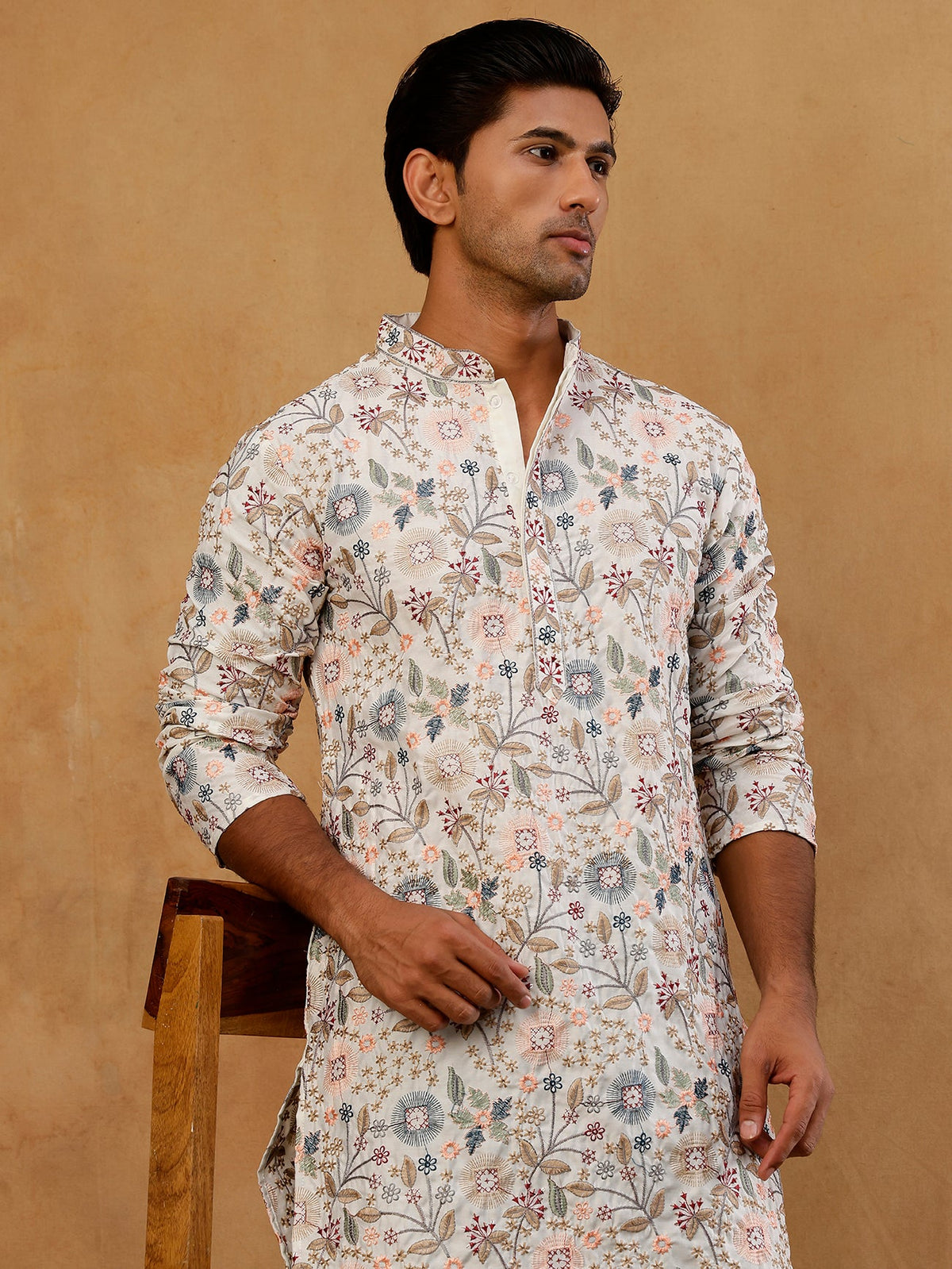 Silk Blend Floral Embroidered Kurta With Korean Pants ( JOKP PJ11B B 5227 White )