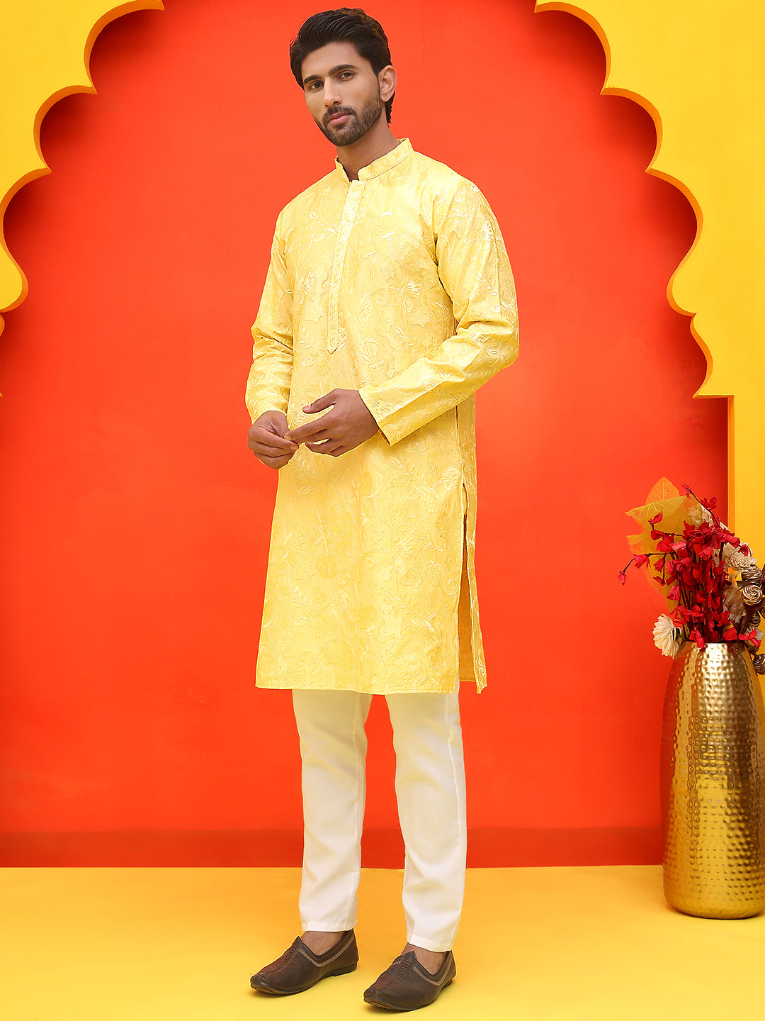 Embroidered Kurta Set For Men ( JOKP P 5228 Yellow )