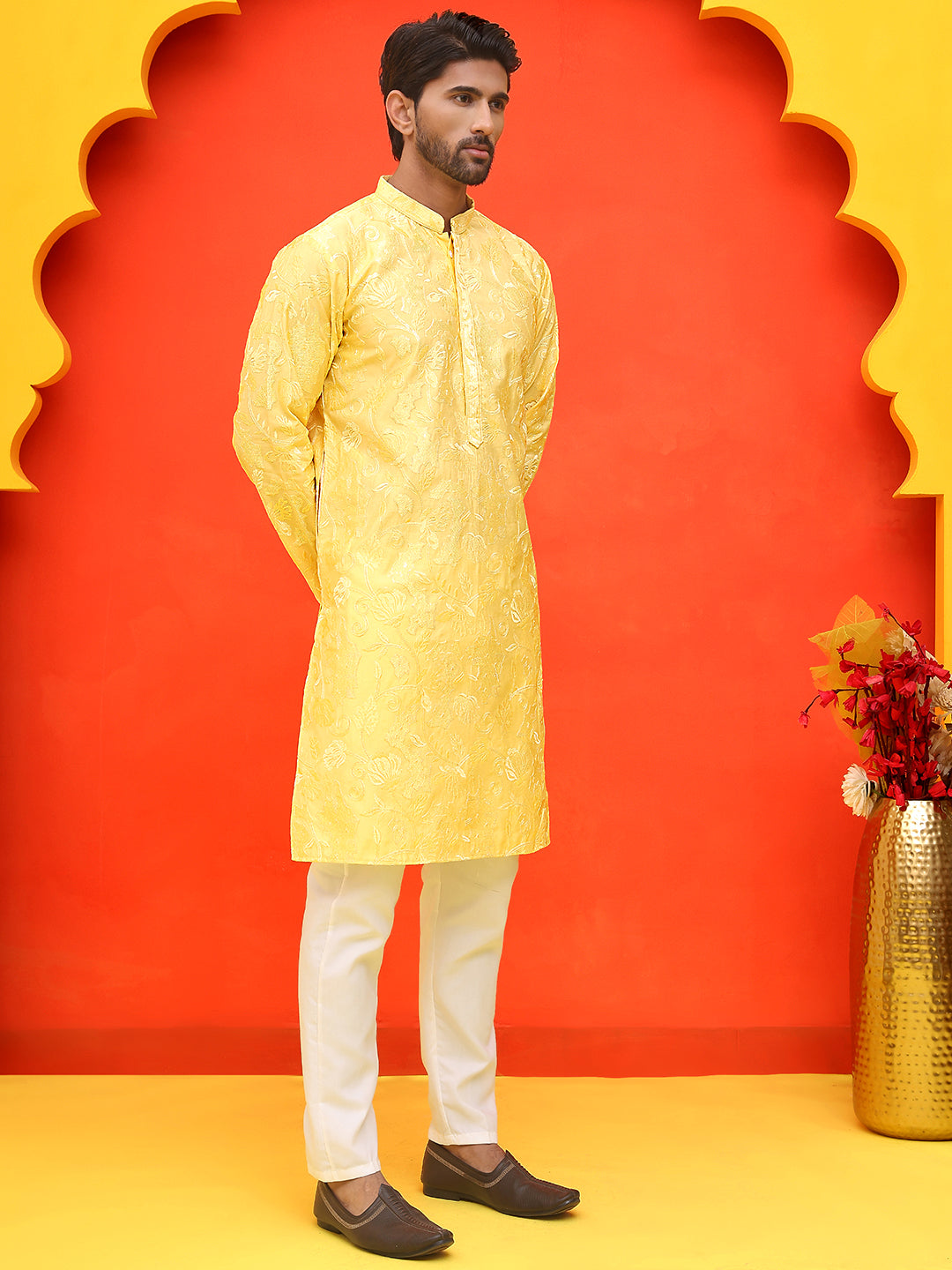 Embroidered Kurta Set For Men ( JOKP P 5228 Yellow )