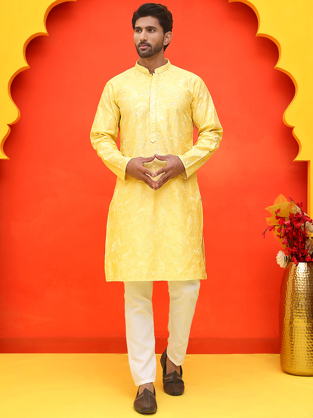 Embroidered Kurta Set For Men ( JOKP P 5228 Yellow )