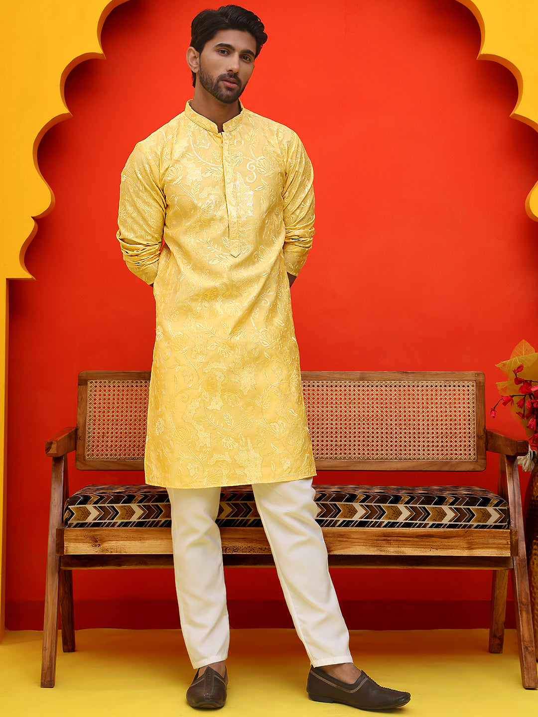 Embroidered Kurta Set For Men ( JOKP P 5228 Yellow )