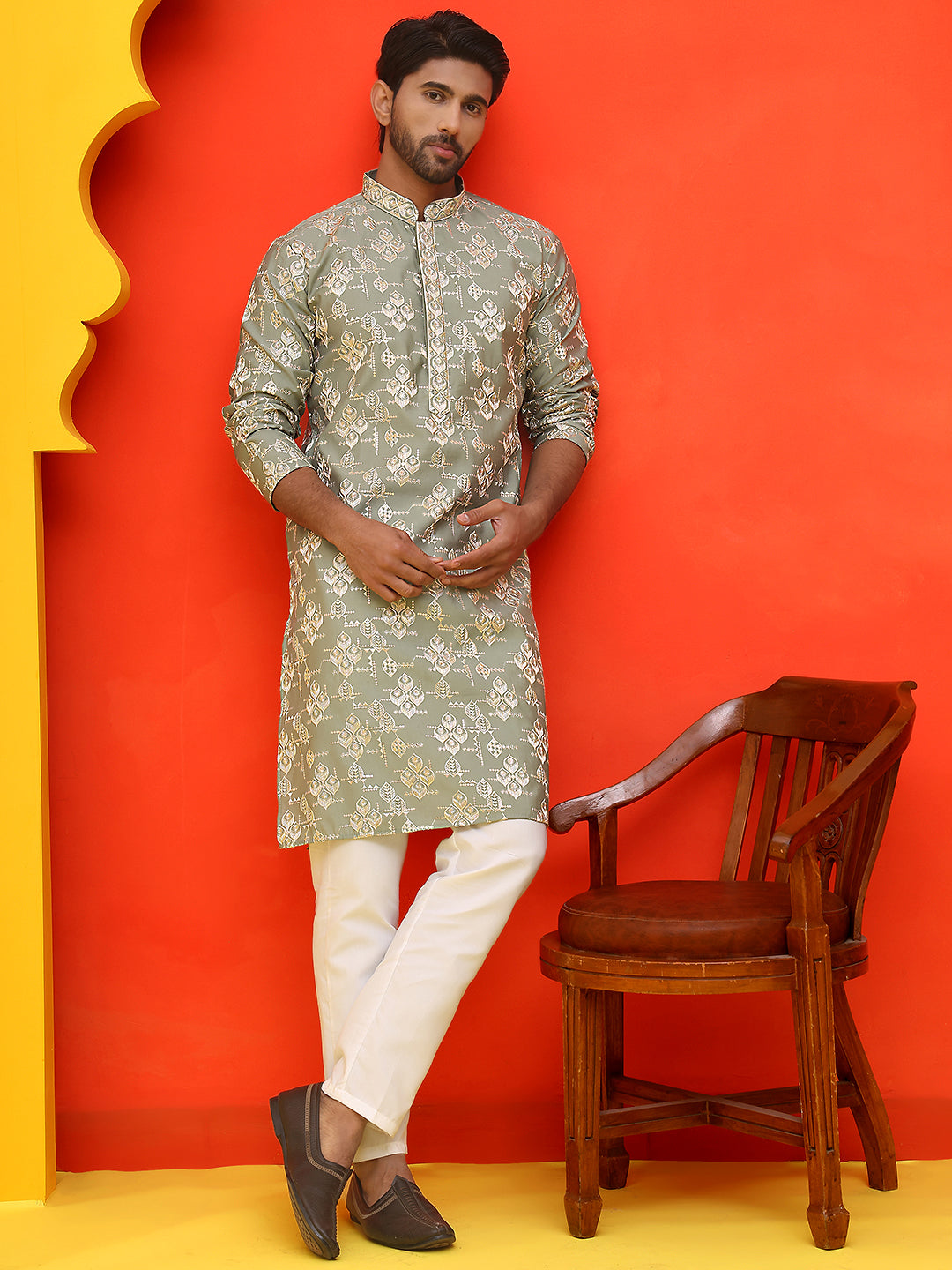 Men's Embroidered Kurta Pyjama ( JOKP P 5229 Pista )