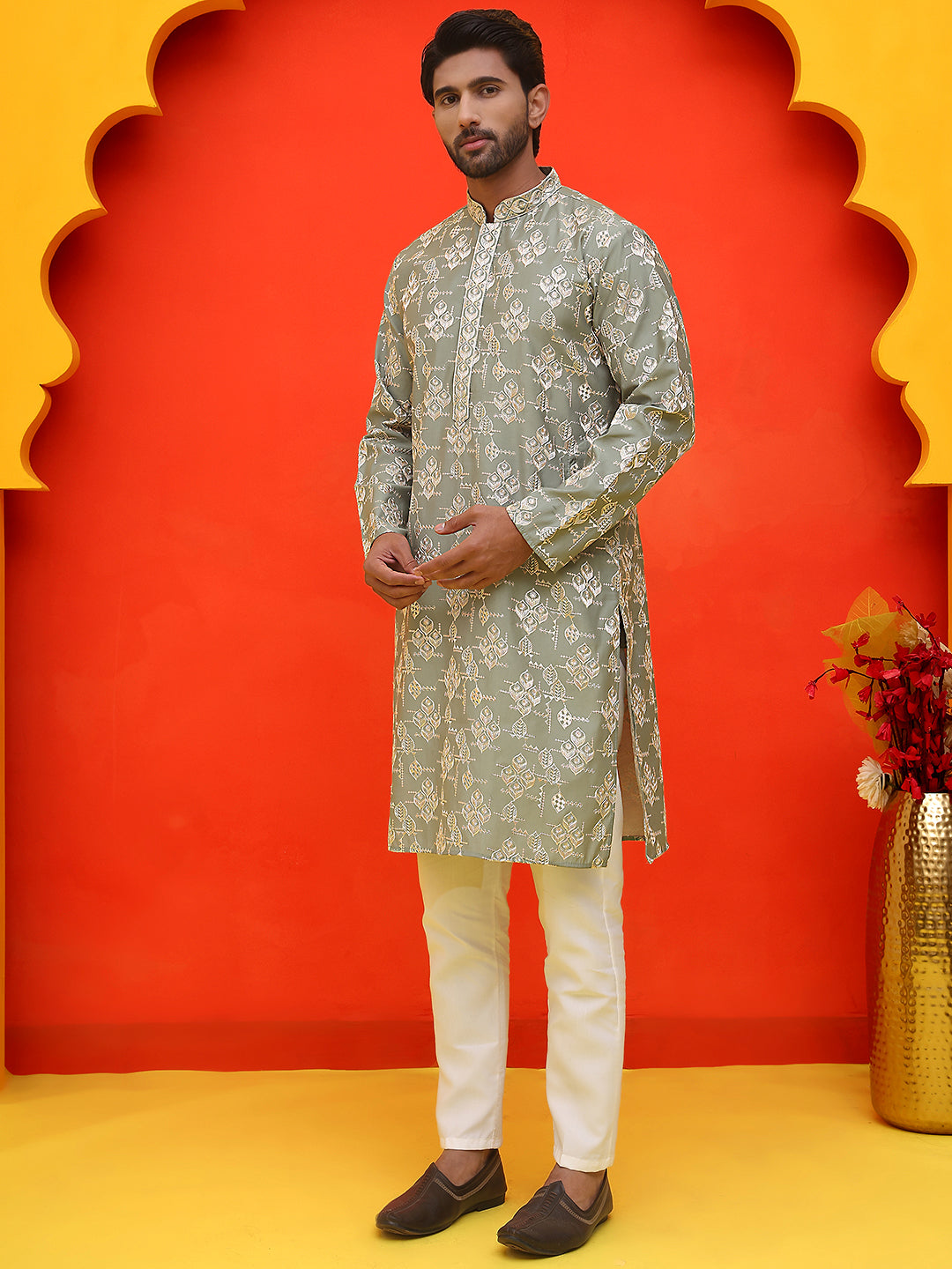 Men's Embroidered Kurta Pyjama ( JOKP P 5229 Pista )