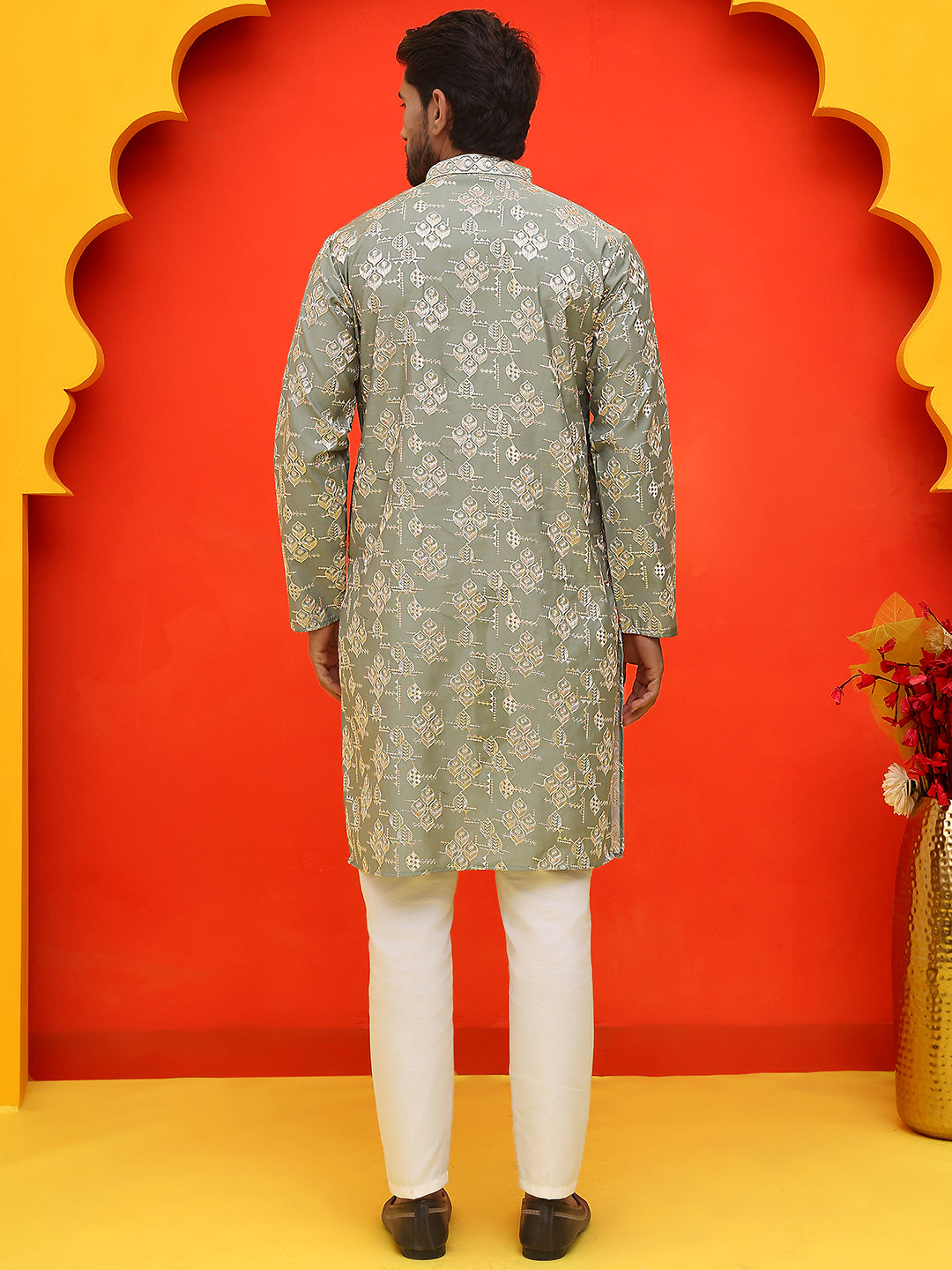 Men's Embroidered Kurta Pyjama ( JOKP P 5229 Pista )