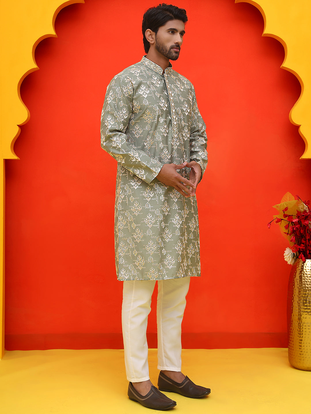 Men's Embroidered Kurta Pyjama ( JOKP P 5229 Pista )