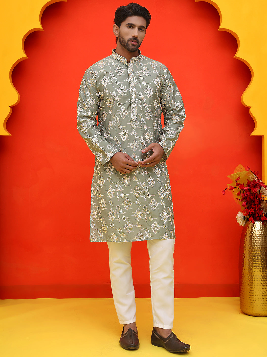 Men's Embroidered Kurta Pyjama ( JOKP P 5229 Pista )
