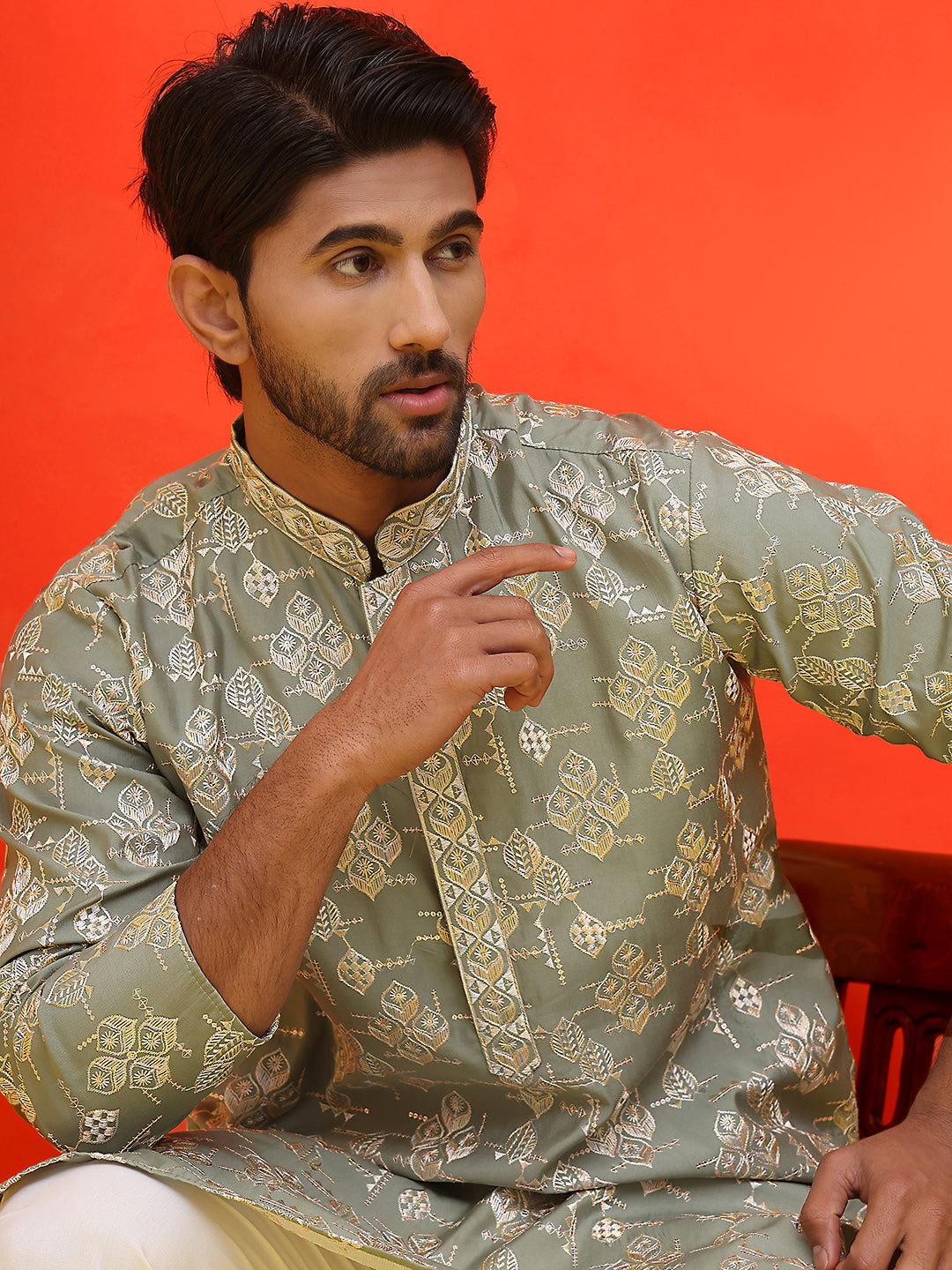 Men's Embroidered Kurta Pyjama ( JOKP P 5229 Pista )