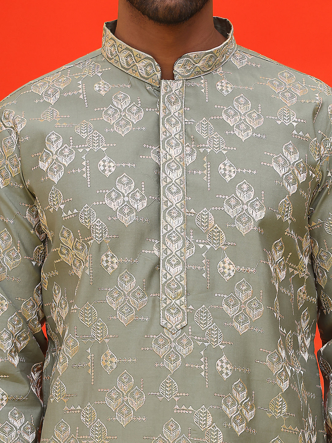 Men's Embroidered Kurta Pyjama ( JOKP P 5229 Pista )