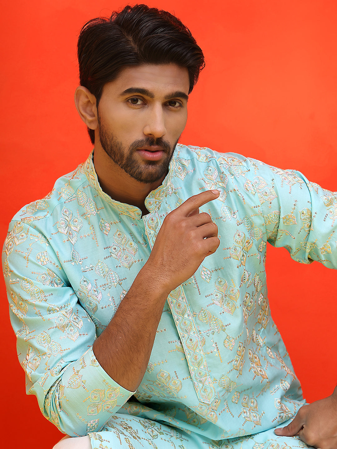 Men's Embroidered Kurta Pyjama ( JOKP P 5229 Sky )