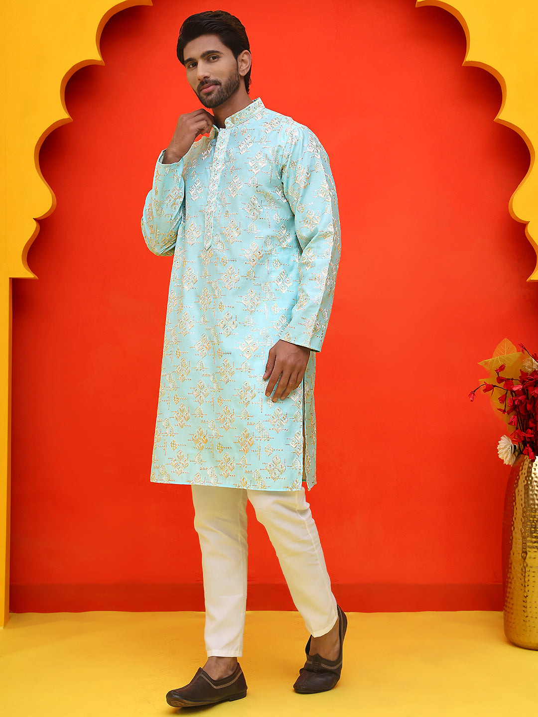 Men's Embroidered Kurta Pyjama ( JOKP P 5229 Sky )