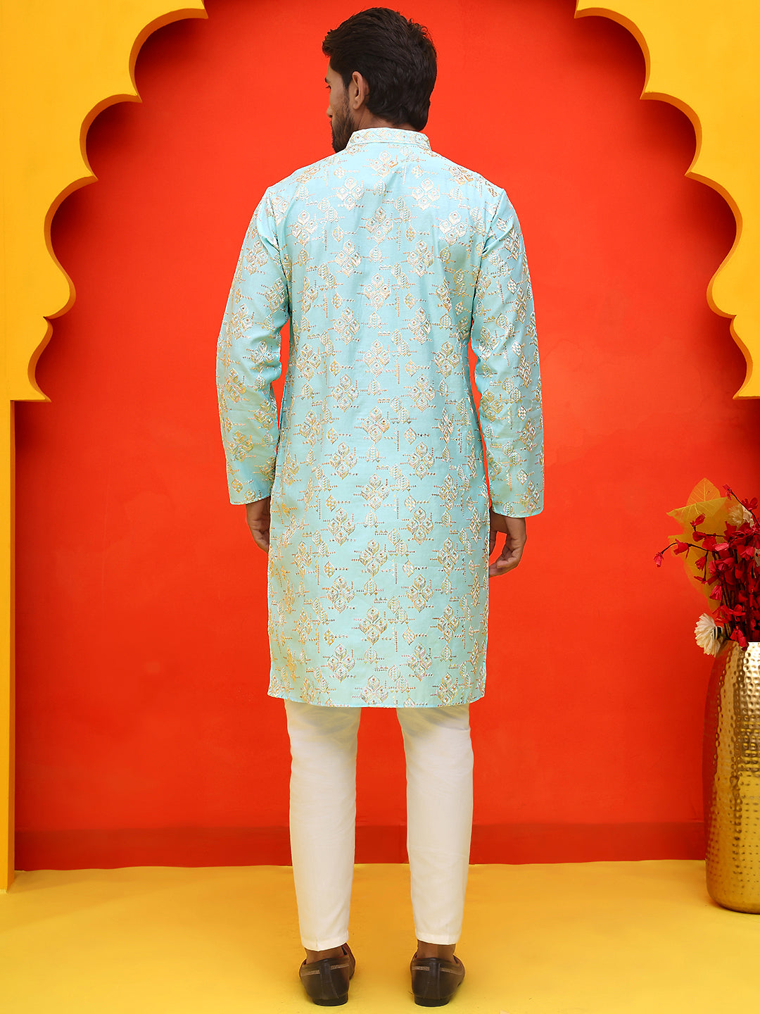 Men's Embroidered Kurta Pyjama ( JOKP P 5229 Sky )