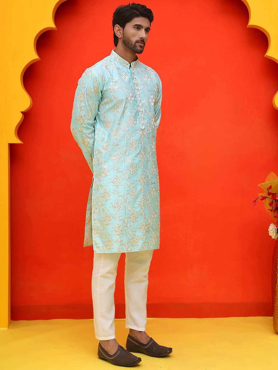 Men's Embroidered Kurta Pyjama ( JOKP P 5229 Sky )