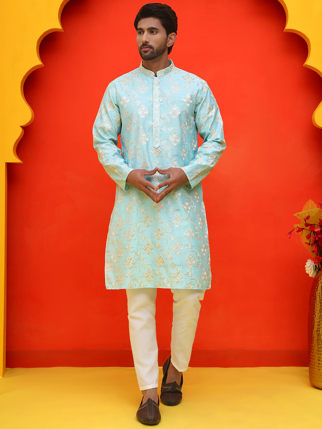 Men's Embroidered Kurta Pyjama ( JOKP P 5229 Sky )