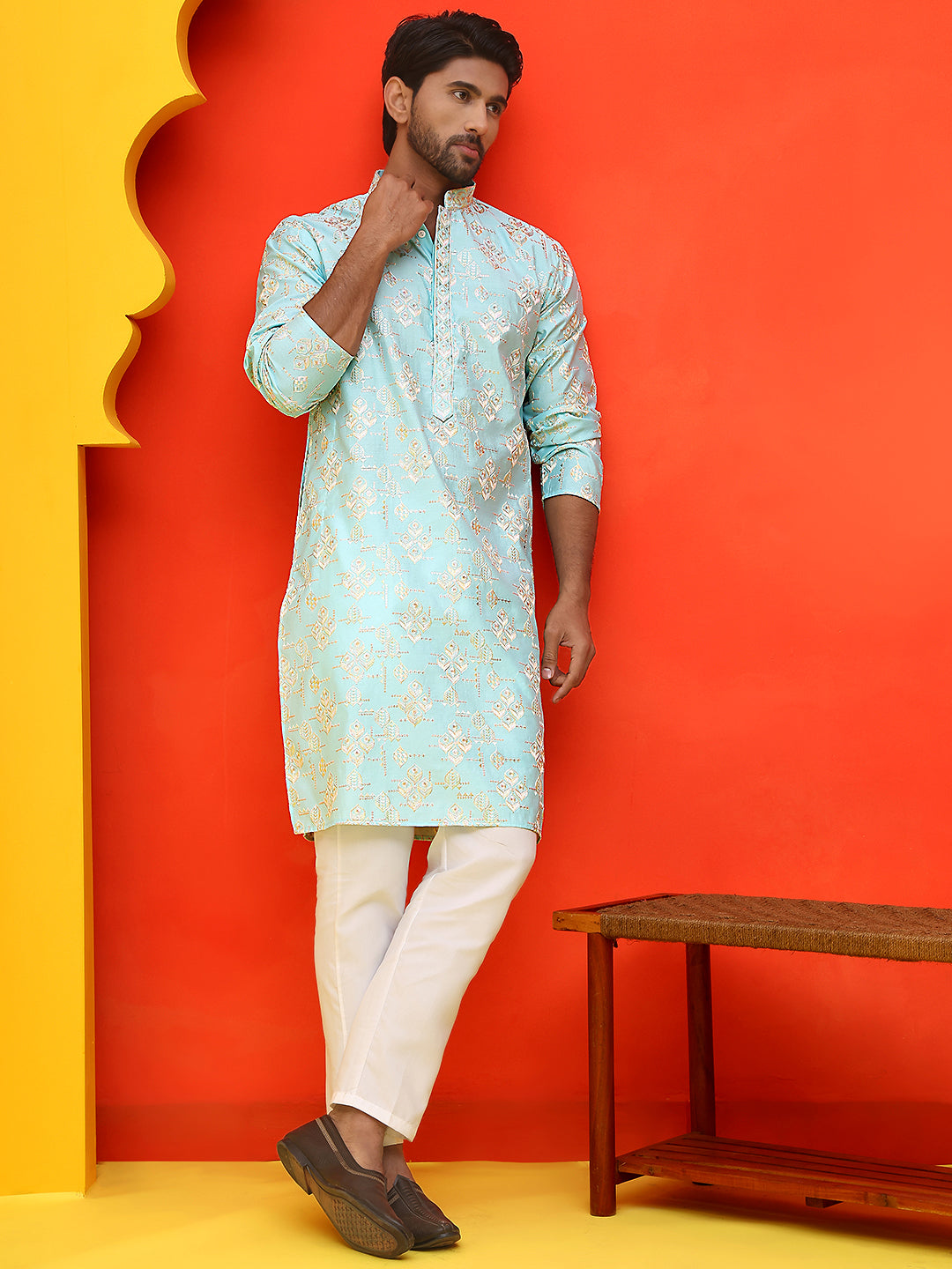 Men's Embroidered Kurta Pyjama ( JOKP P 5229 Sky )