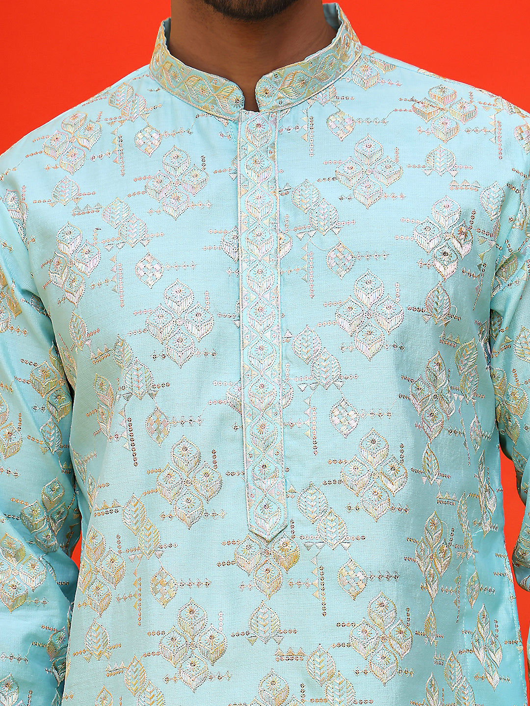Men's Embroidered Kurta Pyjama ( JOKP P 5229 Sky )