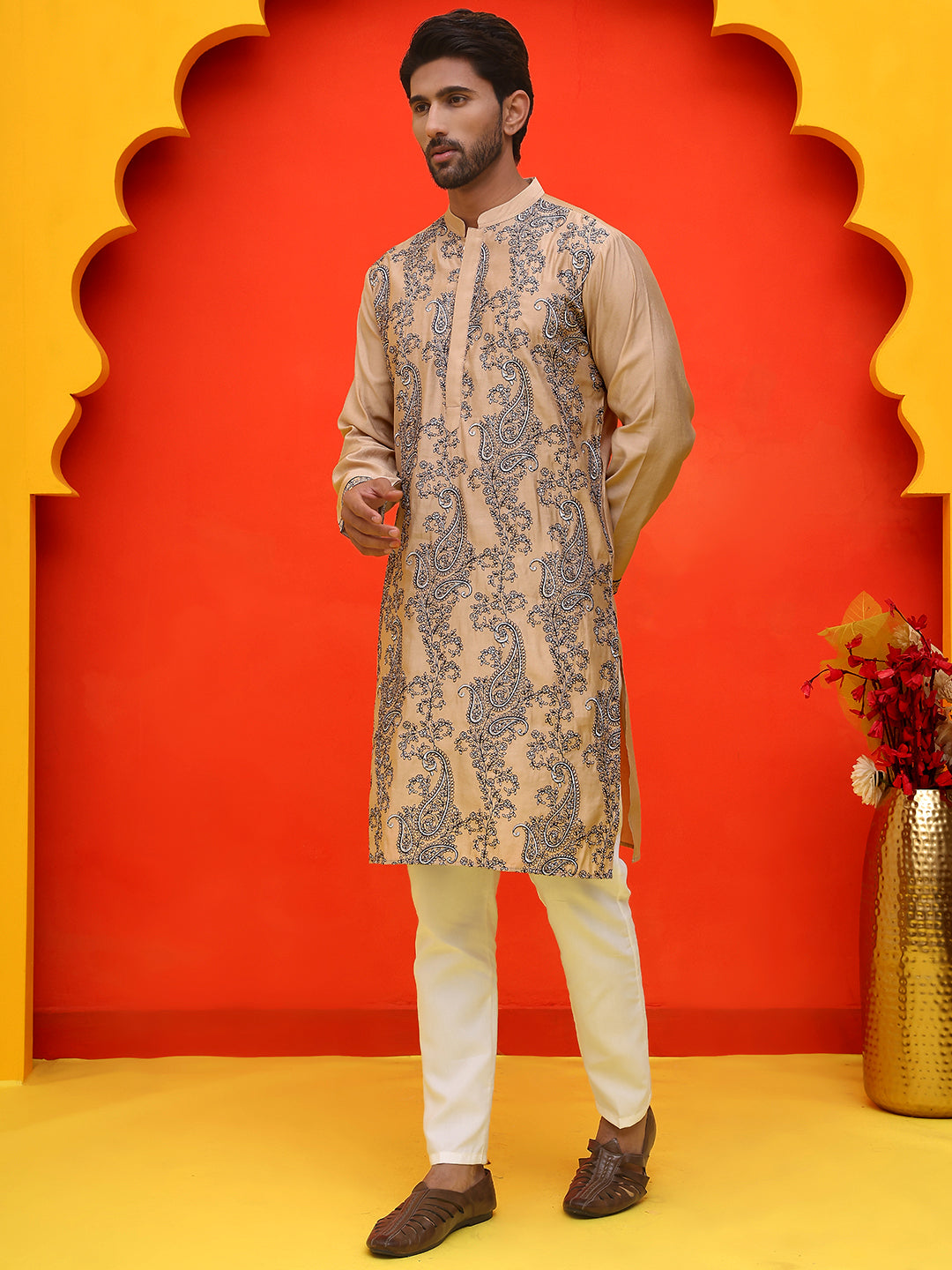 Embroidered & Sequins Kurta Set For Men ( JOKP P 5230 Beige )