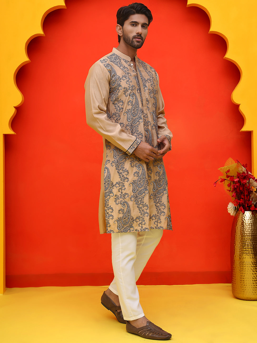 Embroidered & Sequins Kurta Set For Men ( JOKP P 5230 Beige )