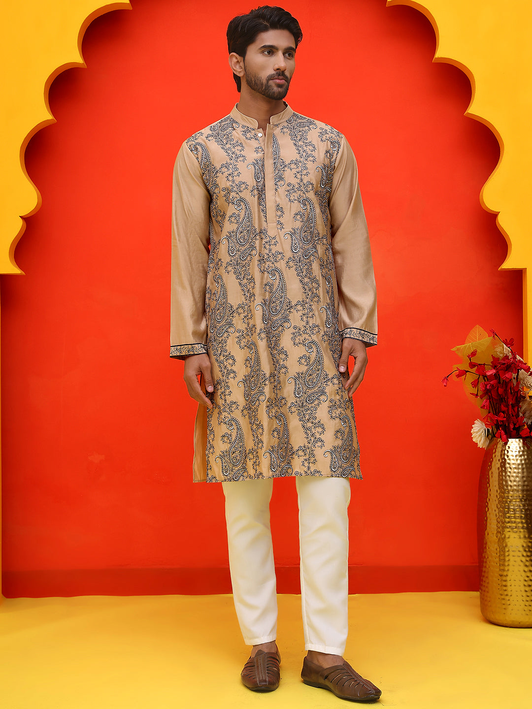 Embroidered & Sequins Kurta Set For Men ( JOKP P 5230 Beige )