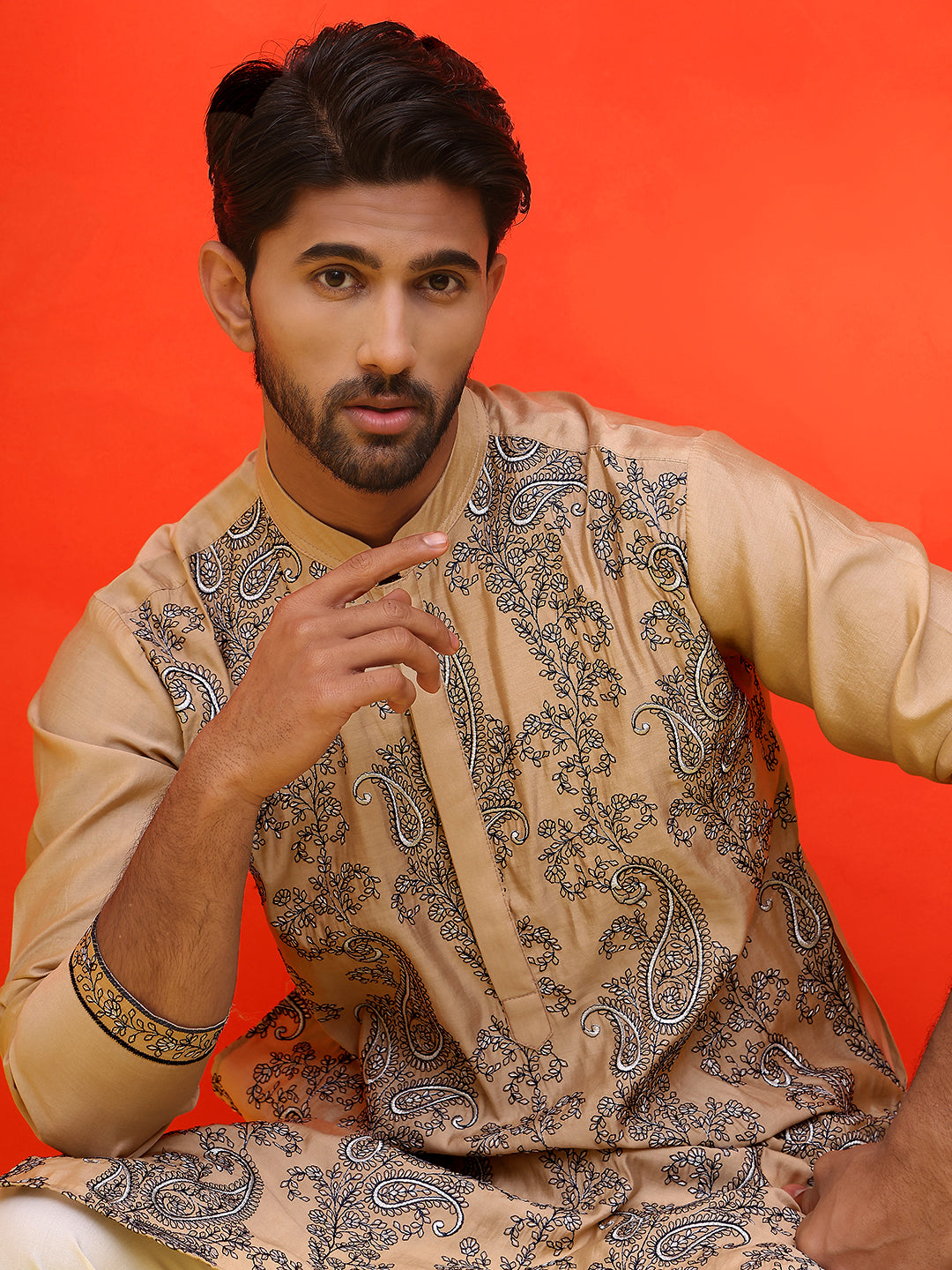 Embroidered & Sequins Kurta Set For Men ( JOKP P 5230 Beige )