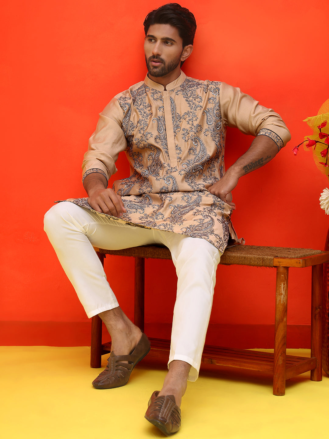 Embroidered & Sequins Kurta Set For Men ( JOKP P 5230 Beige )
