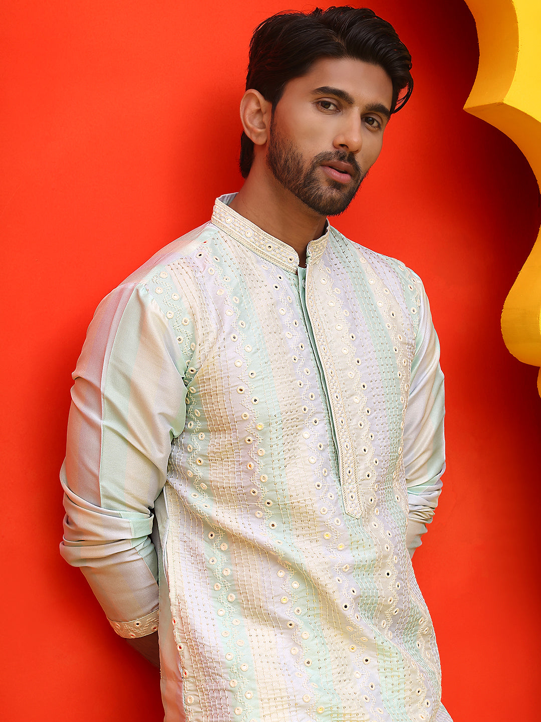 Embroidered and mirror work straight Kurta Set For Men, ( JOKP P 5231 Multi )