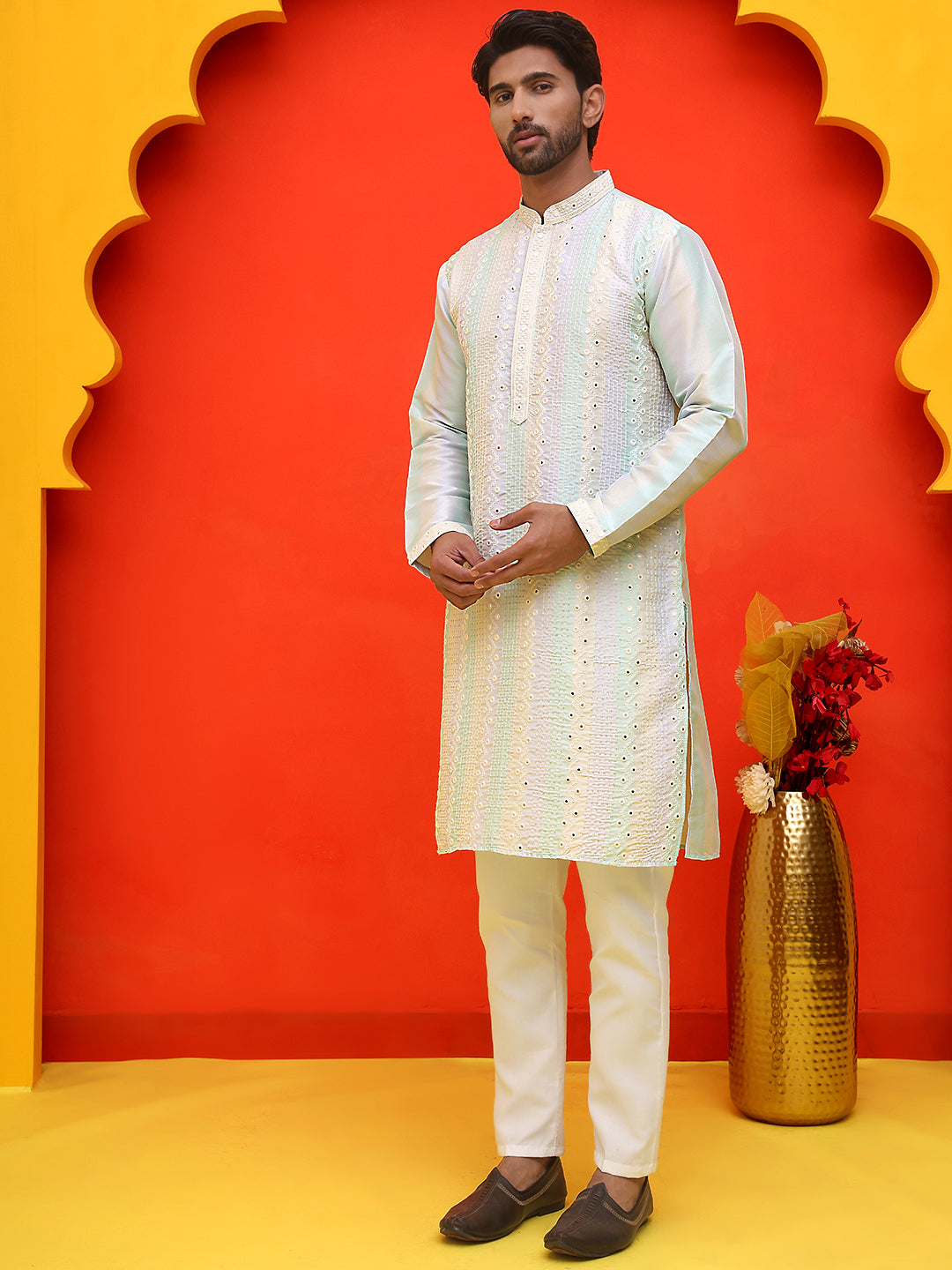 Embroidered and mirror work straight Kurta Set For Men, ( JOKP P 5231 Multi )