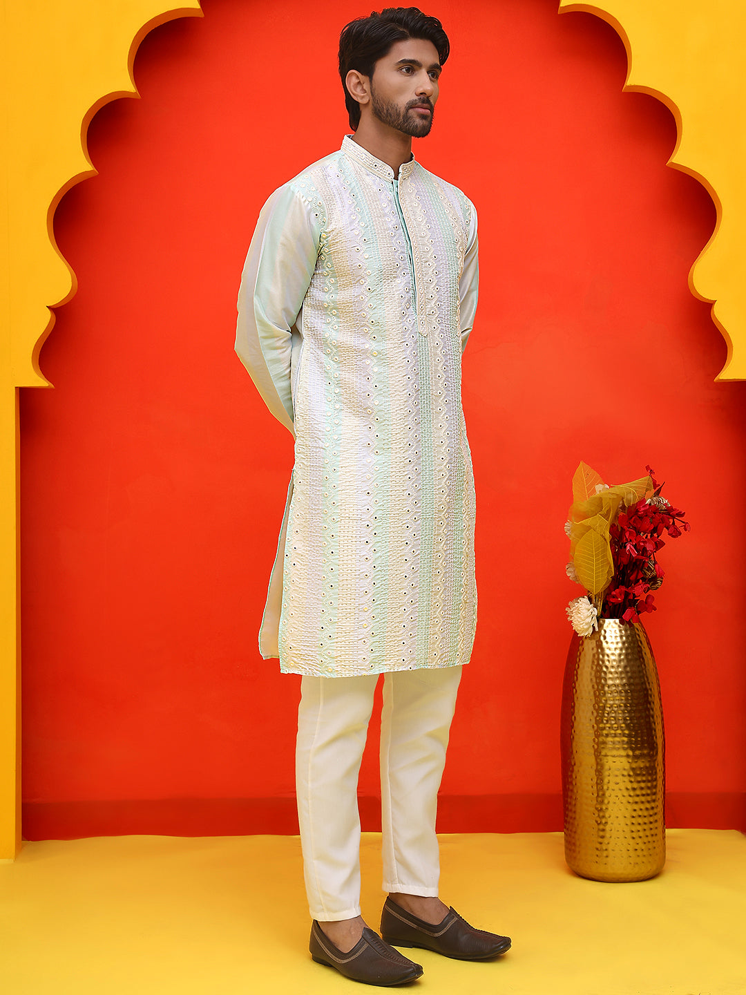 Embroidered and mirror work straight Kurta Set For Men, ( JOKP P 5231 Multi )