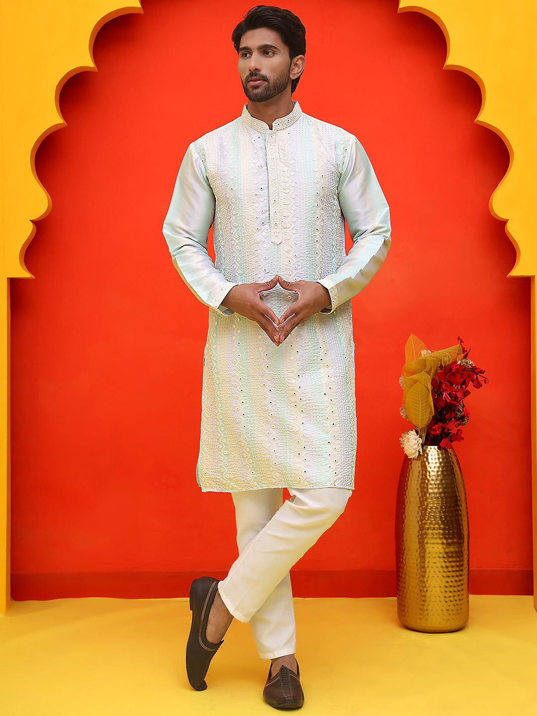 Embroidered and mirror work straight Kurta Set For Men, ( JOKP P 5231 Multi )