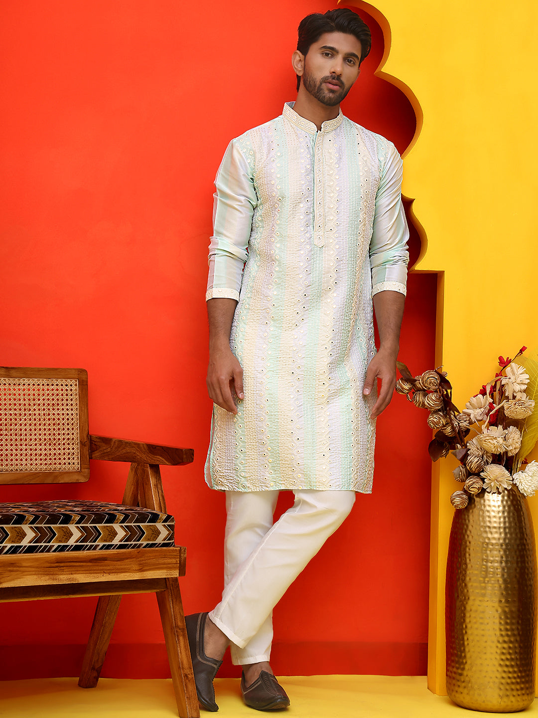 Embroidered and mirror work straight Kurta Set For Men, ( JOKP P 5231 Multi )