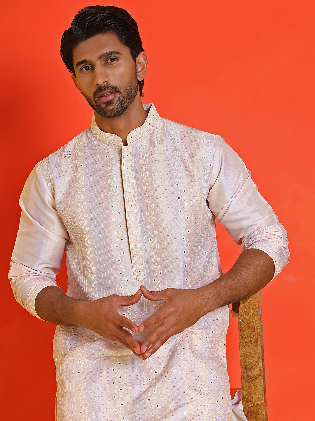 Embroidered and mirror work straight Kurta Set For Men ( JOKP P 5231 Peach )