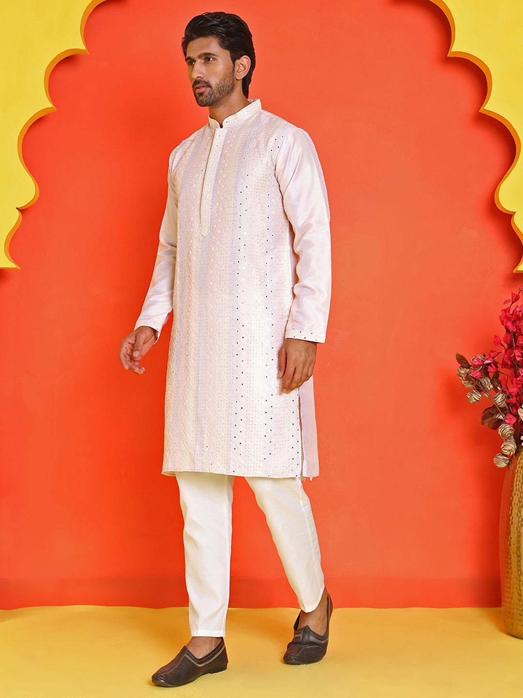 Embroidered and mirror work straight Kurta Set For Men ( JOKP P 5231 Peach )