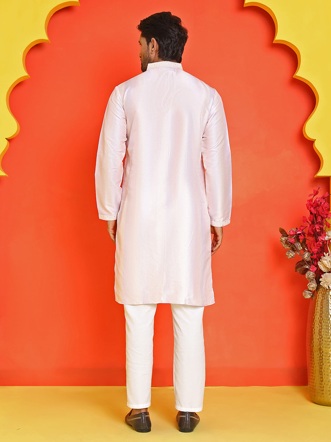Embroidered and mirror work straight Kurta Set For Men ( JOKP P 5231 Peach )