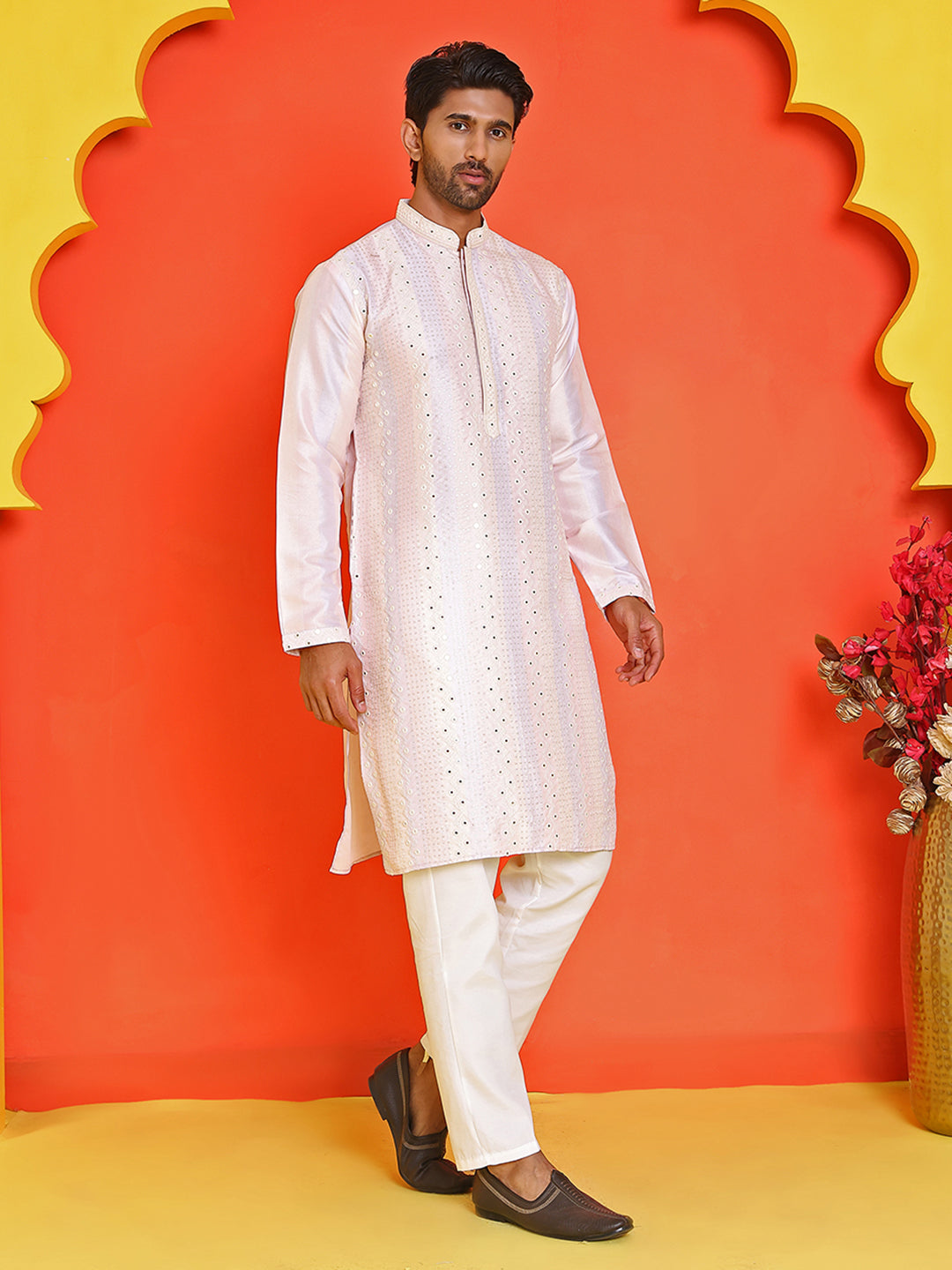 Embroidered and mirror work straight Kurta Set For Men ( JOKP P 5231 Peach )