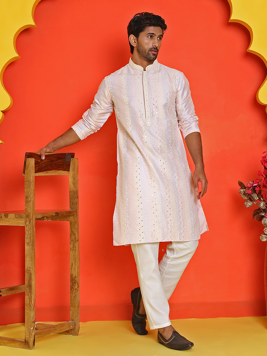 Embroidered and mirror work straight Kurta Set For Men ( JOKP P 5231 Peach )